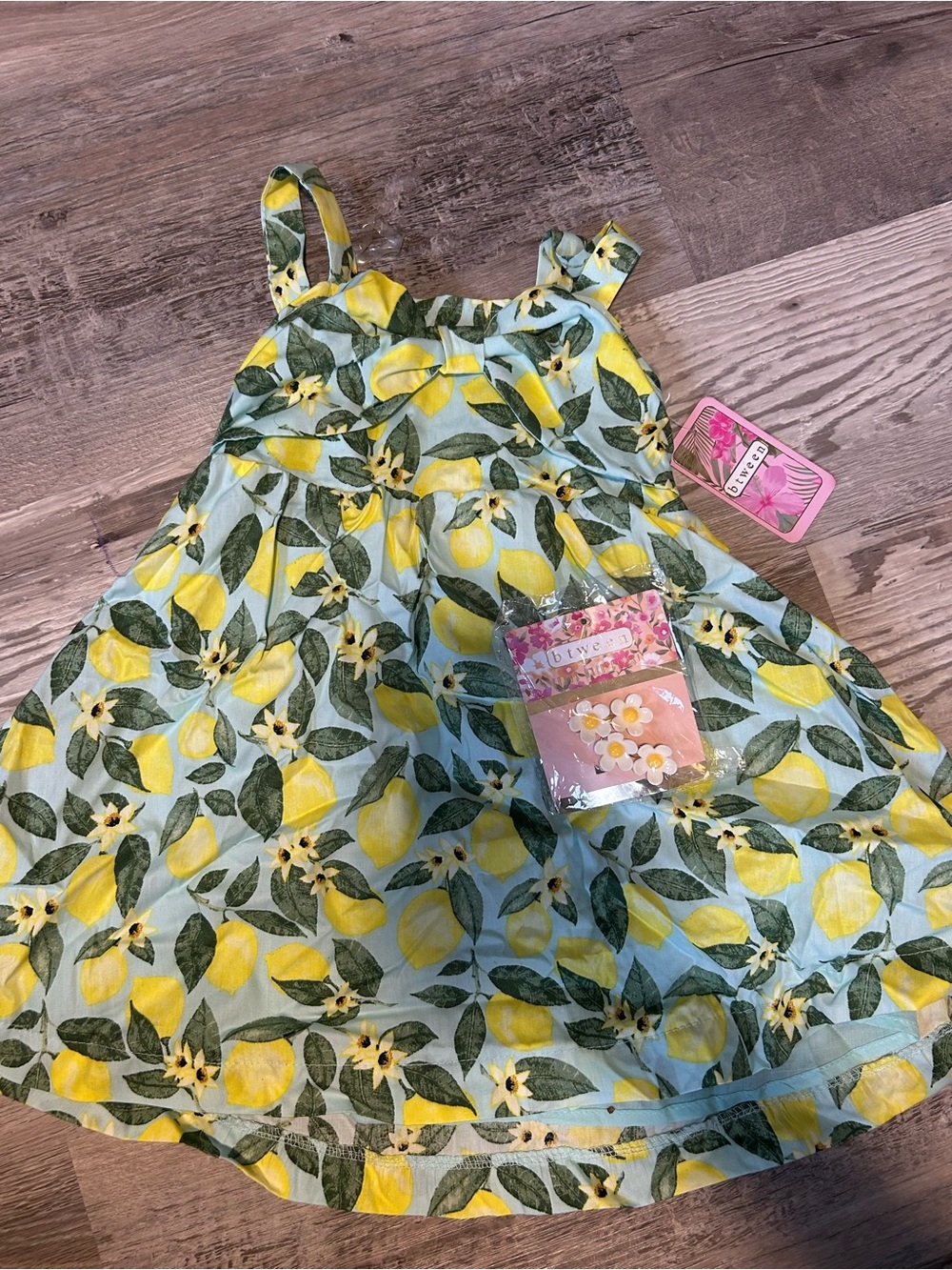 btween - Toddler Girls Blue and Yellow Lemon Sundress & Daisy Hair Clips
